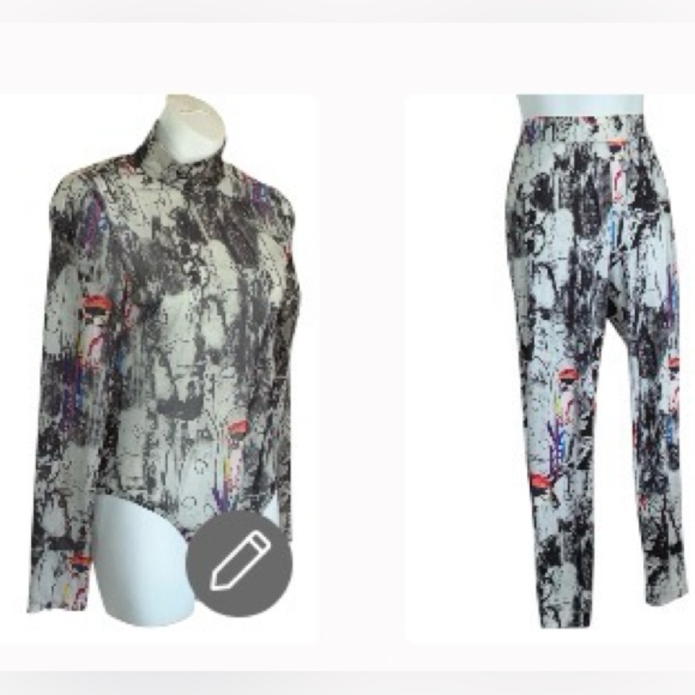 Halfheart 2 piece set--Bodysuit Top & Pants Women's L, Light Gray abstract print